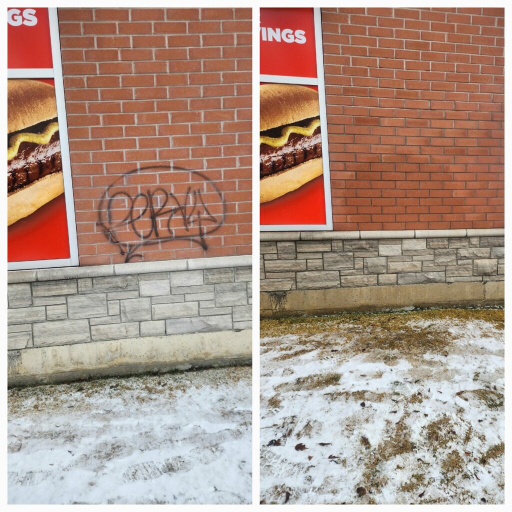 Commercial exterior cleaning service for sidewalks and building facades at a business property in North York