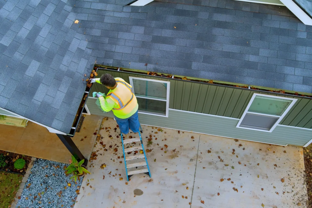 Technician clearing leaves from residential gutter system during seasonal maintenance
